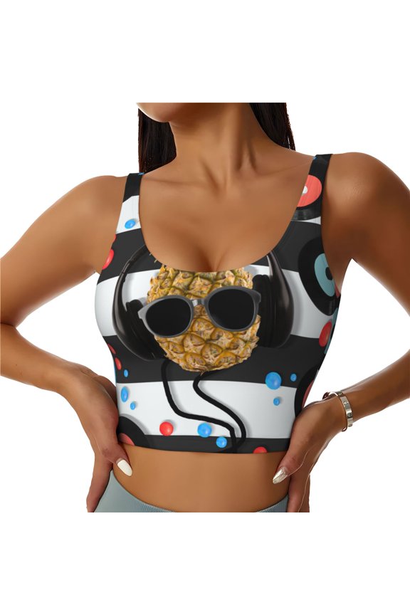 Pineapple With Black Glasses Print Women's Sports Vest, Low-neck U-shaped Removable Pad Sports Bra for Yoga, Exercise, Dance-Medium