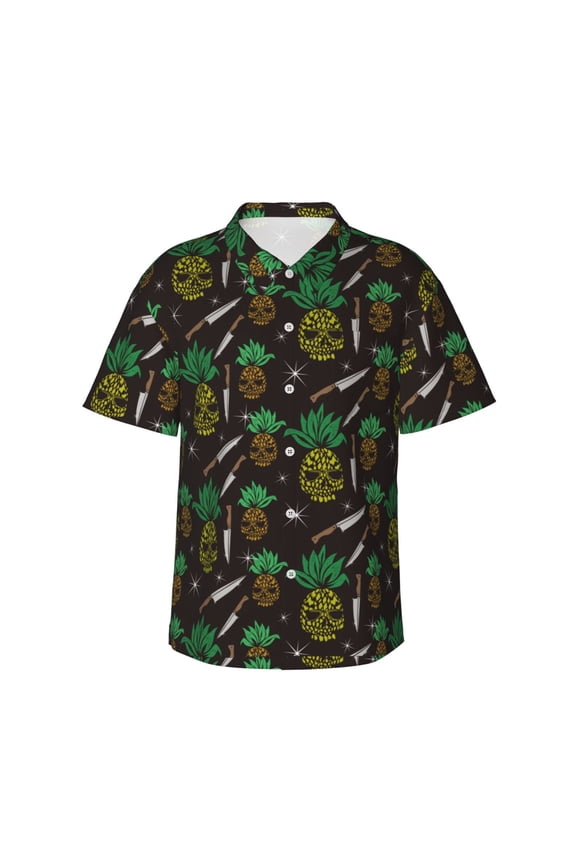 Pineapples Print Men's Short-sleeved Shirts, Button-down Lapel Hawaiian Shirts, T-shirts, Beach Vacation Summer Casual Wear,Small