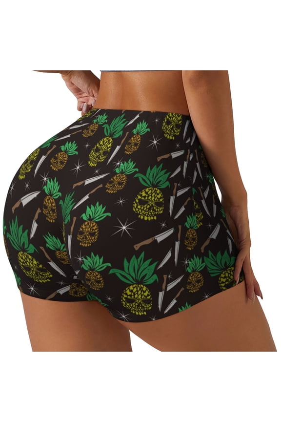 Pineapples Print Women's Sports Shorts, Elastic Waist High Stretch Running Yoga Gym Sweatpants-Medium