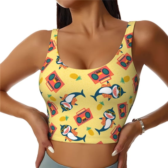 Gukieu Pineapples Sharks In Hawaiian Print Women's Sports Vest, Low-neck U-shaped Removable Pad Sports Bra for Yoga, Exercise, Dance-Large
