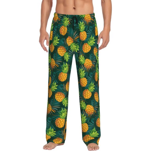 Gukieu Pineapples with Palm Leaves Print Men's Home Trousers, Elastic Drawstring Home Pajamas Clothing Suitable for Adult Men-X-Large