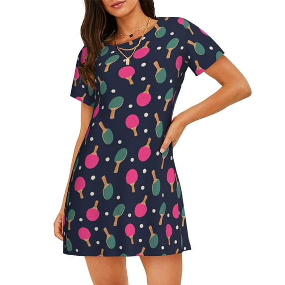 Gukieu Ping Pong Rackets And Balls Print Women's Nightgown, A-line Round Neck Short-sleeved Nightgown Pajamas Home Wear Suitable for Home and Outing