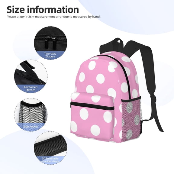 Gukieu Pink And White Polka Dot Print Backpack, Waterproof Backpack with Adjustable Shoulder Straps, Suitable for Campus, Business, Travel, Unisex