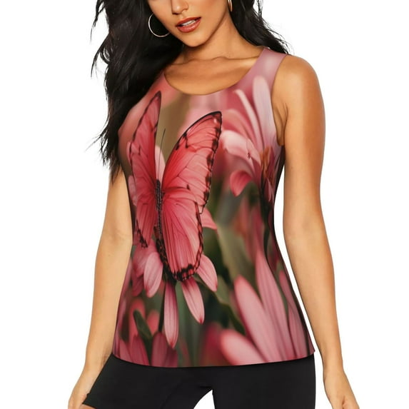 Gukieu Pink Butterfly Print Women's Quick-drying Fitness Vest, Round Neck Sleeveless Fitness T-shirt, Suitable for Yoga, Sports-X-Large