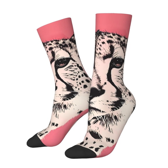 Gukieu Pink Cheetah Art Print Contrast Color Mid-calf Socks, Sweat-wicking Athletic Socks, Unisex Clothing Accessories