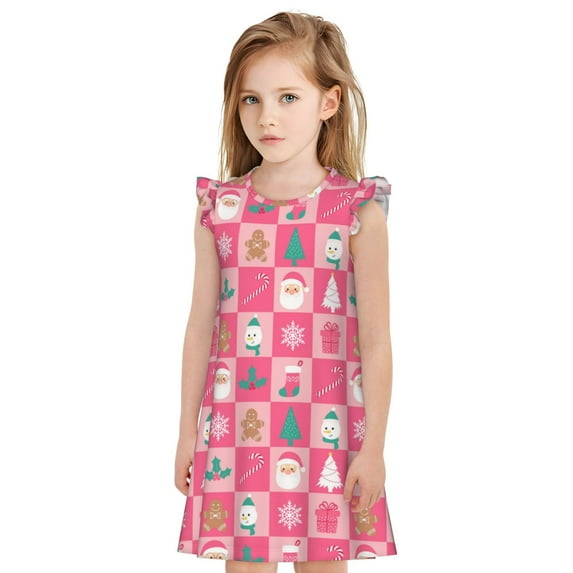 Gukieu Pink Christmas Cheer Print Girls' Flying Sleeves Nightdress, Round Neck Sleeveless Princess Dress, Nightgown and Home Clothes-Medium