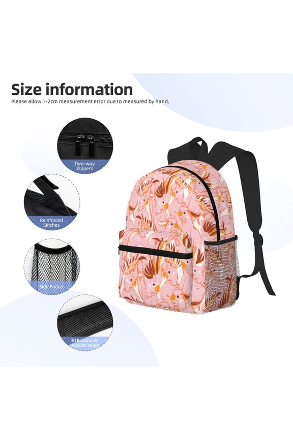 Pink Cockatoo Birds Print Backpack, Waterproof Backpack with Adjustable Shoulder Straps, Suitable for Campus, Business, Travel, Unisex