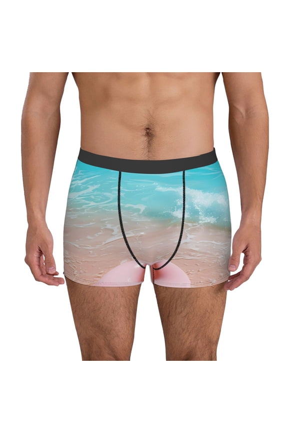 Pink Float Ring On Beach Print Men's Boxer Briefs, High Elastic Moisture Wicking Boxer Briefs Underwear-Large