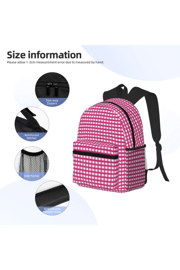 Pink Gingham Print Backpack, Waterproof Backpack with Adjustable Shoulder Straps, Suitable for Campus, Business, Travel, Unisex
