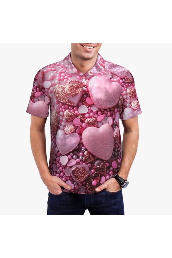 Pink Glitter Heart Candy Print Men's Quick-drying POLO Shirt, Button-down Summer T-shirt, Suitable for Work and Outdoor Activities-4X-Large