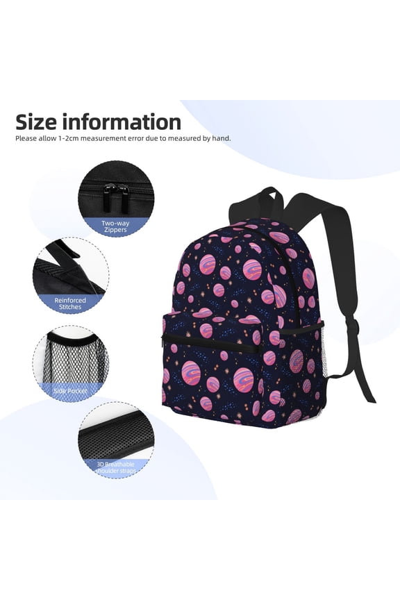 Pink Planets And Stars Print Backpack, Waterproof Backpack with Adjustable Shoulder Straps, Suitable for Campus, Business, Travel, Unisex