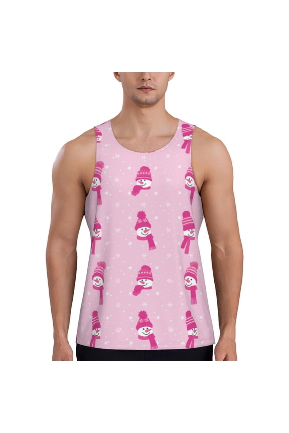 Pink Scarf Snowman Print Men's Quick Dry Fitness Vest, Round Neck Sleeveless Fitness Bodybuilding Top-Small