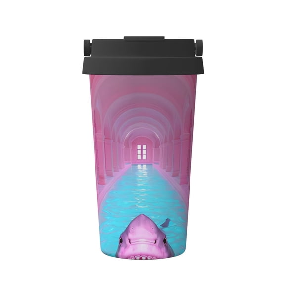 Gukieu Pink Shark Pool Fantasy Print Insulated Coffee Cup, Portable Stainless Steel Vacuum Cup with Lid, Unisex, Suitable for Office, Cafe, Car