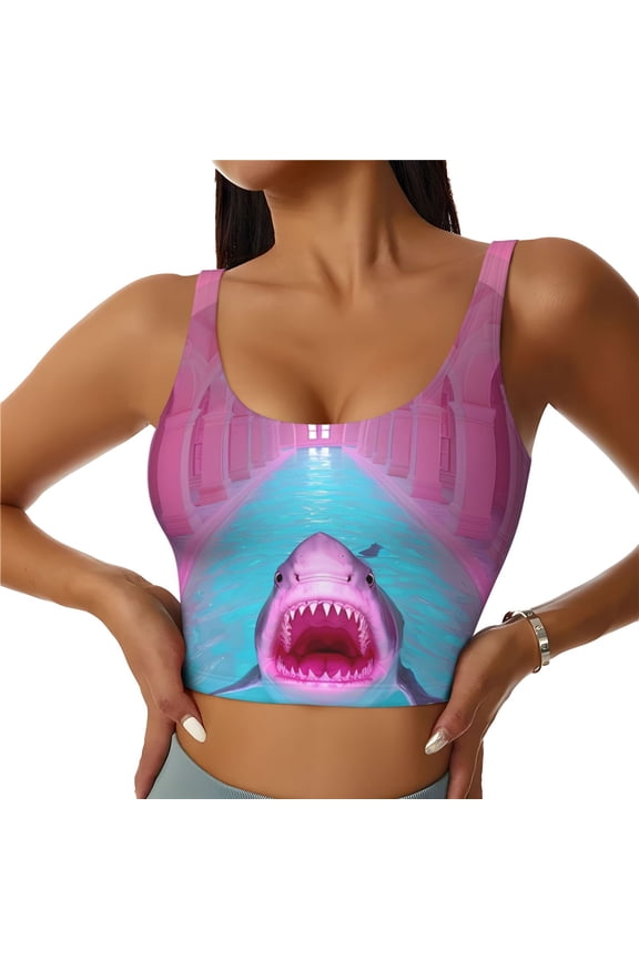 Pink Shark Pool Fantasy Print Women's Sports Vest, Low-neck U-shaped Removable Pad Sports Bra for Yoga, Exercise, Dance-Large