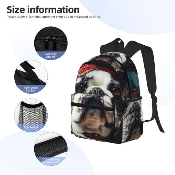 Gukieu Pirate Bulldog On Deck Print Backpack, Waterproof Backpack with Adjustable Shoulder Straps, Suitable for Campus, Business, Travel, Unisex