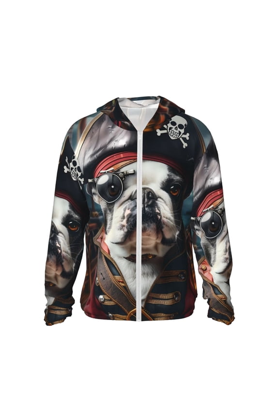 Pirate Bulldog On Deck Print Sun Protection Hoodies for Men and Women, Zippered Long-sleeved Quick-drying UV Protection Shirts, Suitable for Sports, Swimming, Fishing-X-Large