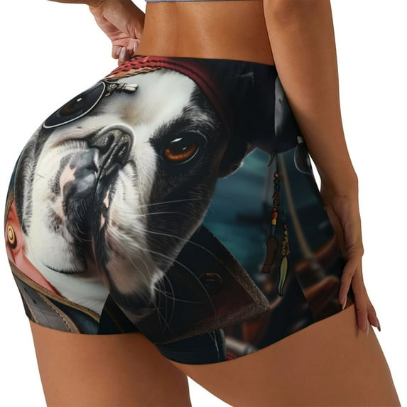 Gukieu Pirate Bulldog On Deck Print Women's Sports Shorts, Elastic Waist High Stretch Running Yoga Gym Sweatpants-Medium