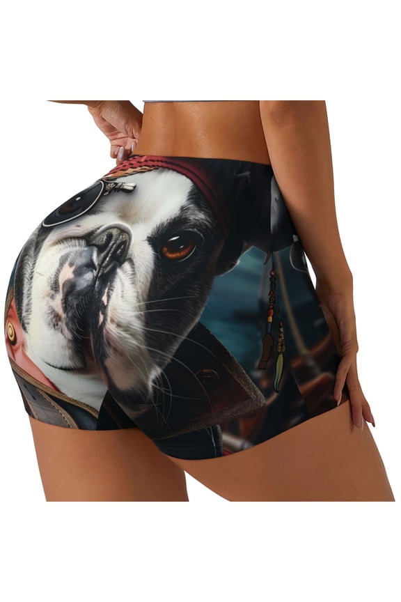 Pirate Bulldog On Deck Print Women's Sports Shorts, Elastic Waist High Stretch Running Yoga Gym Sweatpants-X-Large
