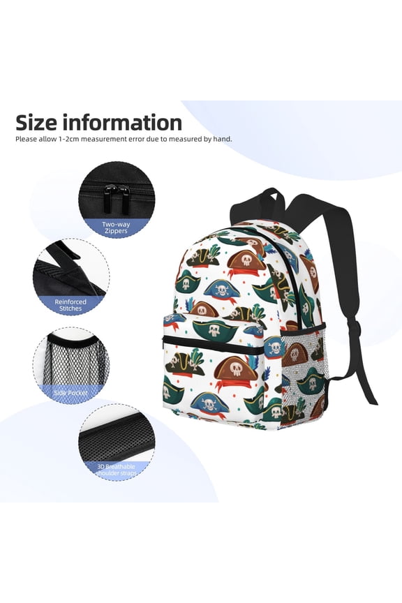 Pirate Hats Print Backpack, Waterproof Backpack with Adjustable Shoulder Straps, Suitable for Campus, Business, Travel, Unisex