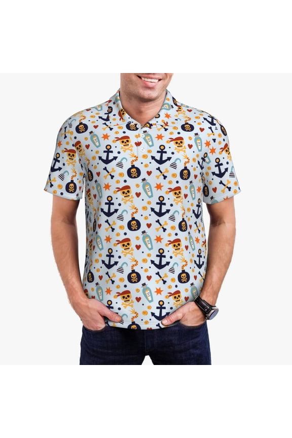 Pirate Skull And Anchor Print Men's Quick-drying POLO Shirt, Button-down Summer T-shirt, Suitable for Work and Outdoor Activities-Small