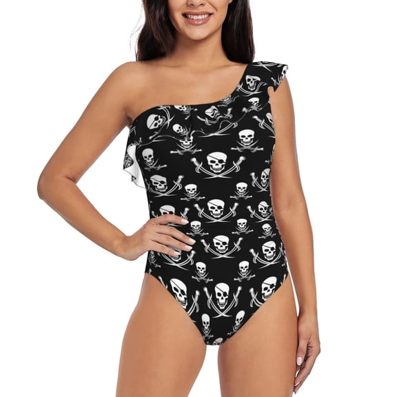 Gukieu Pirate skulls Print One-shoulder Ruffled One-piece Swimsuit with Removable Chest Pads and Tummy-control Swimsuit for Women-XX-Large
