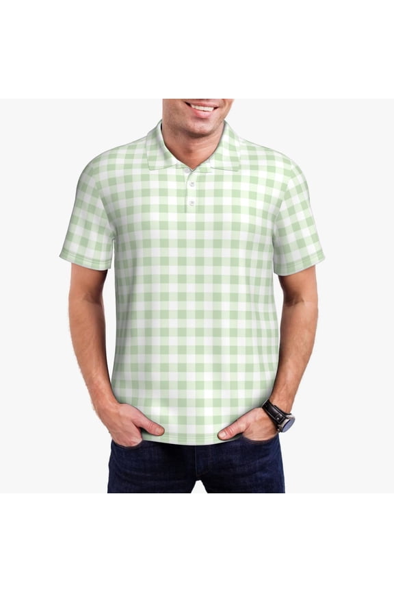 Pistachio Green Checkboard Print Men's Quick-drying POLO Shirt, Button-down Summer T-shirt, Suitable for Work and Outdoor Activities-Small