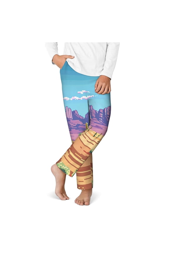 Pixel Desert Landscape Print Youth Home Trousers, Elastic Waistband with Pockets for Home and Outing, Suitable for Children Aged 5-16-XS(5-6)
