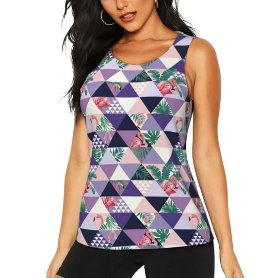 Gukieu Plaid Flamingo Print Women's Quick-drying Fitness Vest, Round Neck Sleeveless Fitness T-shirt, Suitable for Yoga, Sports-Medium