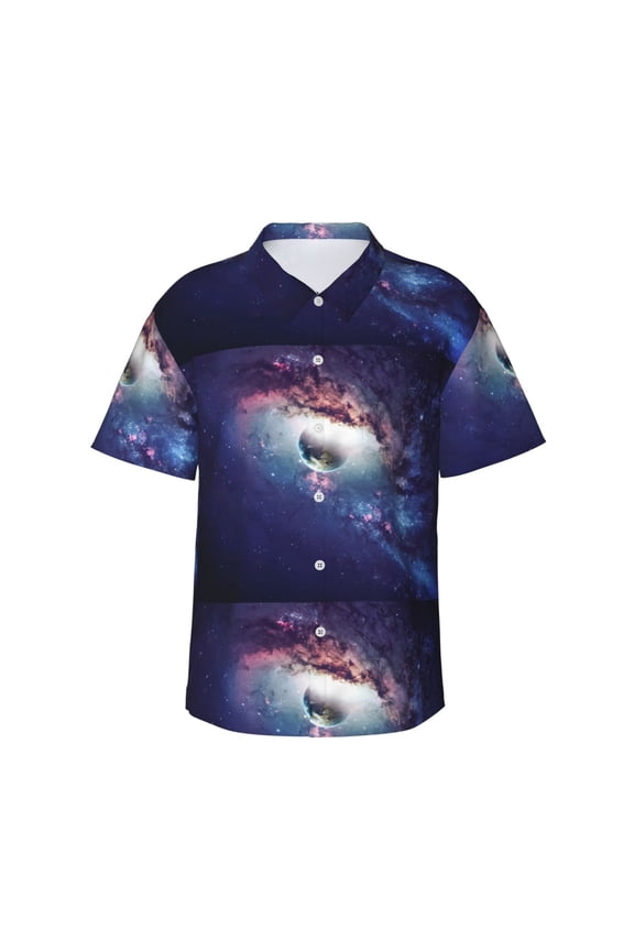 Planets Stars And Galaxies Print Men's Short-sleeved Shirts, Button-down Lapel Hawaiian Shirts, T-shirts, Beach Vacation Summer Casual Wear,3X-Large