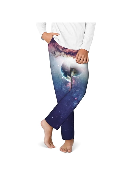 Planets Stars And Galaxies Print Youth Home Trousers, Elastic Waistband with Pockets for Home and Outing, Suitable for Children Aged 5-16-Large