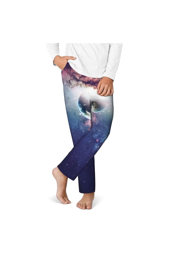 Planets Stars And Galaxies Print Youth Home Trousers, Elastic Waistband with Pockets for Home and Outing, Suitable for Children Aged 5-16-Large