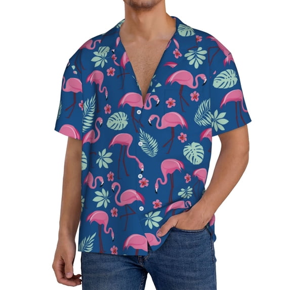 Gukieu Plants And Flamingos Print Men's Short-sleeved Shirts, Button-down Pocket Shirts, T-shirts, Beach Vacation Travel Summer Clothing-4X-Large