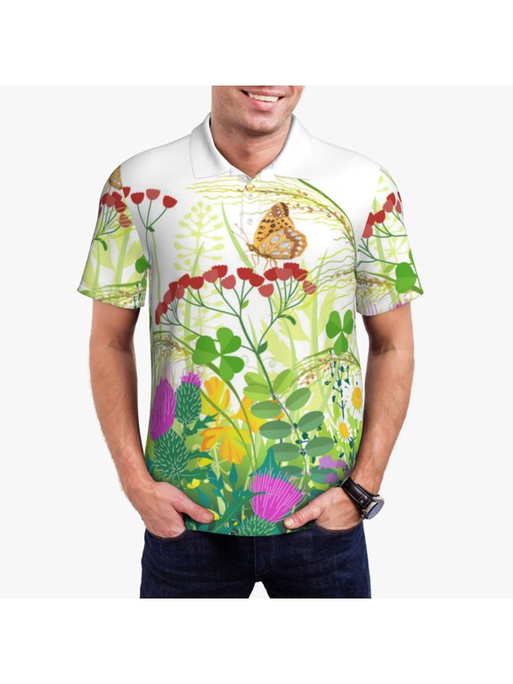 Plants and Insects Print Men's Quick-drying POLO Shirt, Button-down Summer T-shirt, Suitable for Work and Outdoor Activities-Small
