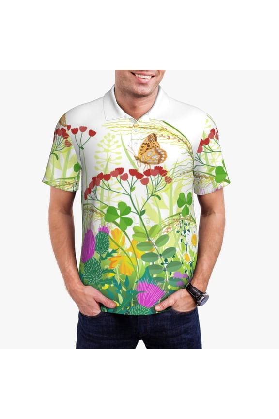 Plants and Insects Print Men's Quick-drying POLO Shirt, Button-down Summer T-shirt, Suitable for Work and Outdoor Activities-Small