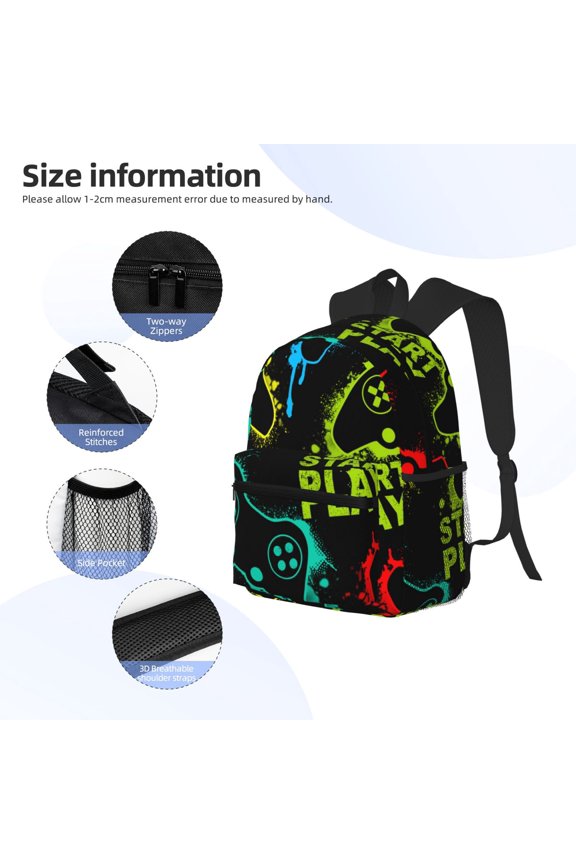 Play Game Start Print Backpack, Waterproof Backpack with Adjustable Shoulder Straps, Suitable for Campus, Business, Travel, Unisex
