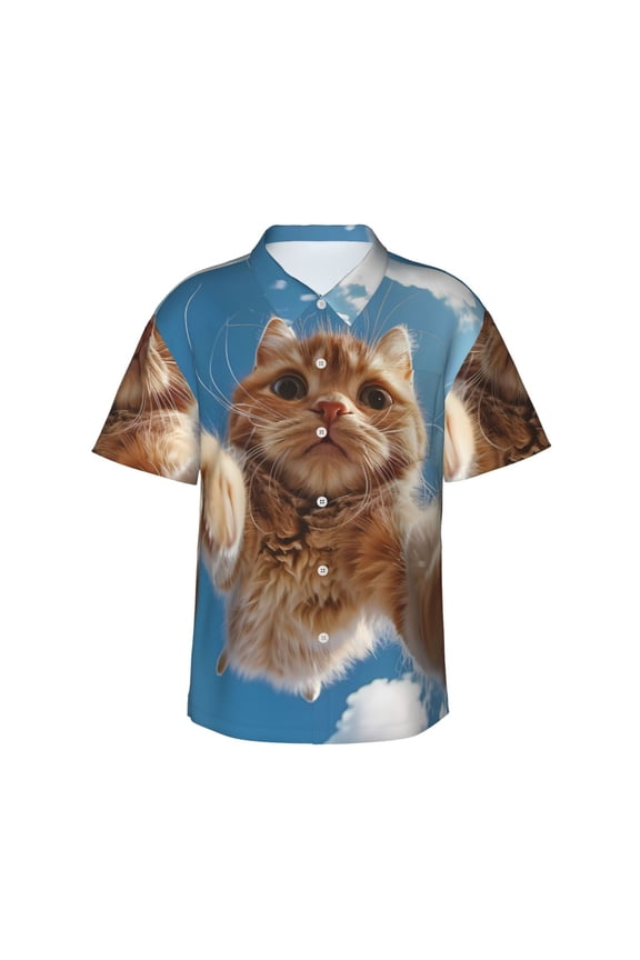 Playful Cat Fisheye View Print Men's Short-sleeved Shirts, Button-down Lapel Hawaiian Shirts, T-shirts, Beach Vacation Summer Casual Wear,Large