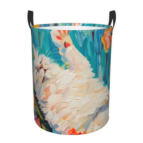Gukieu Playful Floral Cat Print Round Dirty Clothes Bag, Waterproof Standing Home Bathroom Storage Basket Car Trunk Storage Bag-Small