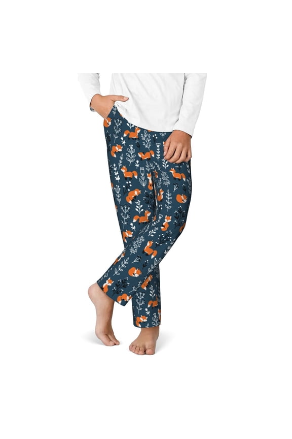 Playful Foxes Forest Blues Print Youth Home Trousers, Elastic Waistband with Pockets for Home and Outing, Suitable for Children Aged 5-16-XS(5-6)