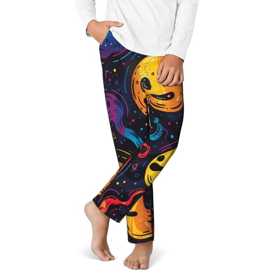 Gukieu Playful Ghosts Night Sky Print Youth Home Trousers, Elastic Waistband with Pockets for Home and Outing, Suitable for Children Aged 5-16-XS(5-6)