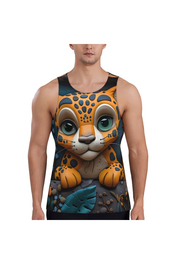 Playful Leopard Art Print Men's Quick Dry Fitness Vest, Round Neck Sleeveless Fitness Bodybuilding Top-3X-Large