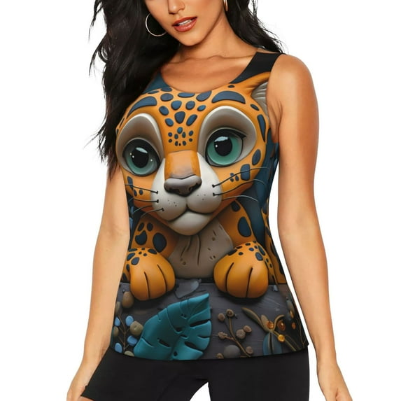 Gukieu Playful Leopard Art Print Women's Quick-drying Fitness Vest, Round Neck Sleeveless Fitness T-shirt, Suitable for Yoga, Sports-XX-Large