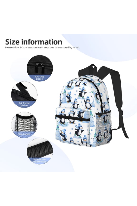 Playful Penguins and Snowmen Print Backpack, Waterproof Backpack with Adjustable Shoulder Straps, Suitable for Campus, Business, Travel, Unisex