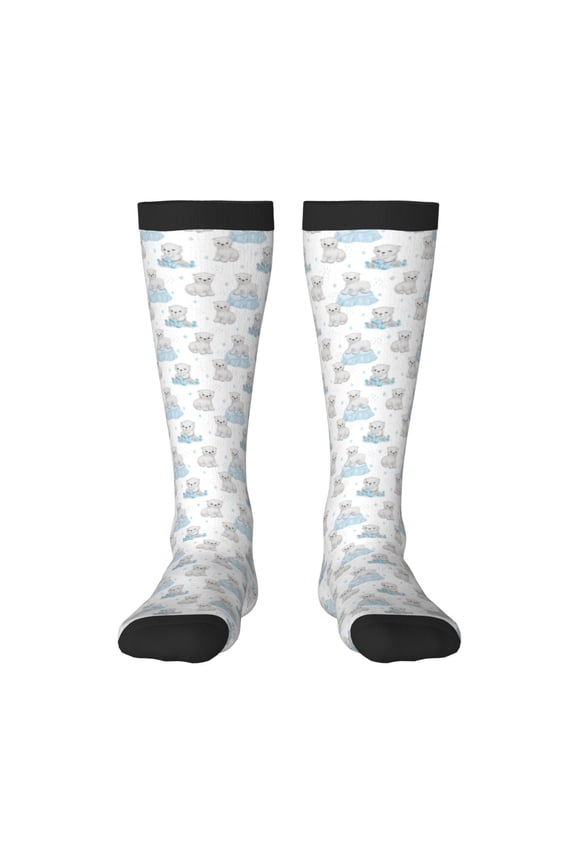 Playful Polar Bear Pals Print Contrast Color Stockings, Elastic Sports Socks Warm Socks Clothing Accessories, Adult Unisex
