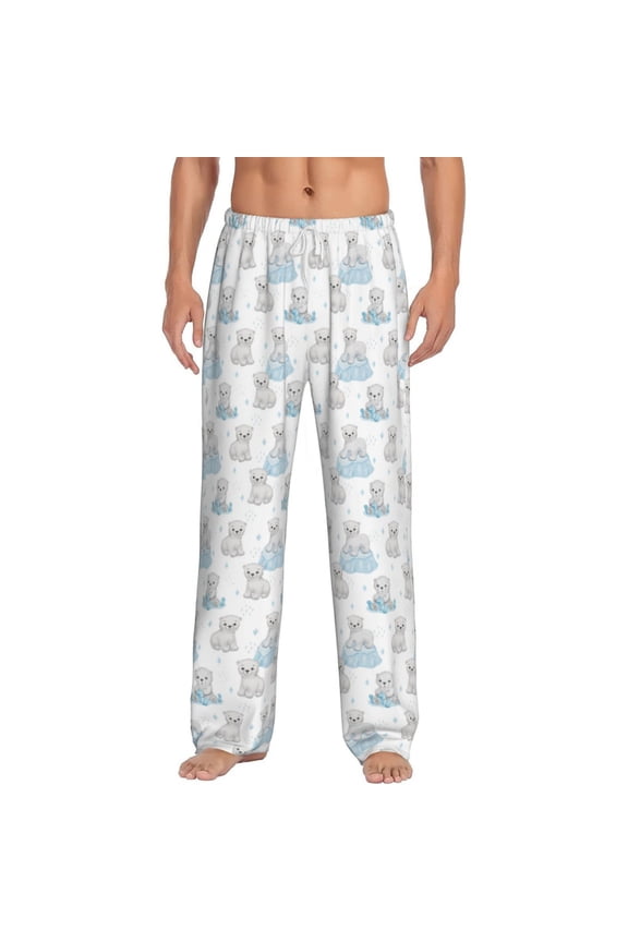 Playful Polar Bear Pals Print Men's Home Trousers, Elastic Drawstring Home Pajamas Clothing Suitable for Adult Men-Large