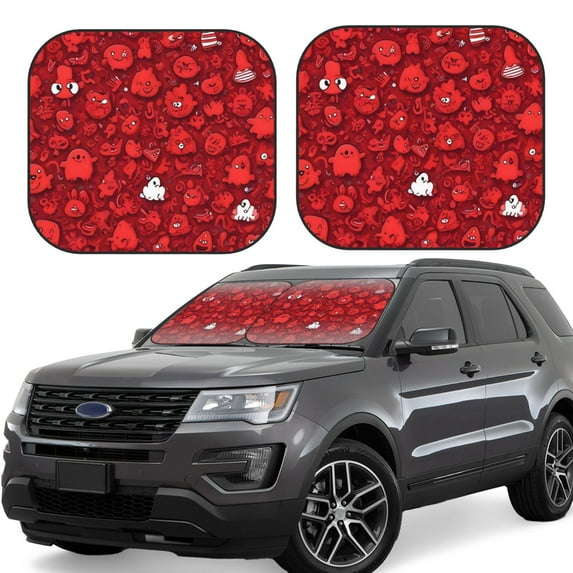 Gukieu Playful Red Cartoon Faces Print Car Windshield Sun Visor, Foldable Anti-UV Car Sun Visor Suitable for Vans, Trucks Car Accessories-Small