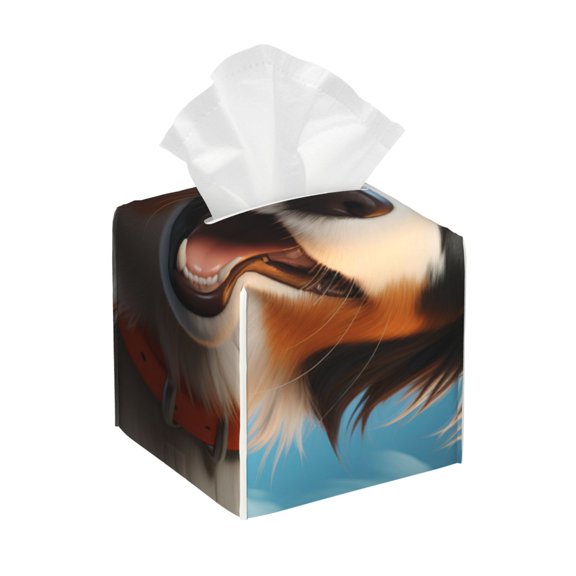 Gukieu Playful Smile Cute Dog Print Leather Tissue Box, PVC Waterproof Velcro Opening and Closing Square Tissue Box Holder, Suitable for Home and Office Decoration