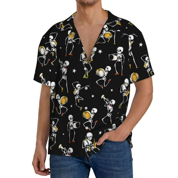 Gukieu Playing Music Skeletons Print Men's Short-sleeved Shirts, Button-down Pocket Shirts, T-shirts, Beach Vacation Travel Summer Clothing-4X-Large