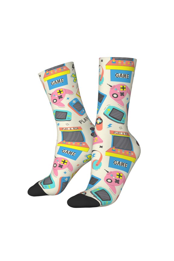 Playing Video Games Print Contrast Color Mid-calf Socks, Sweat-wicking Athletic Socks, Unisex Clothing Accessories
