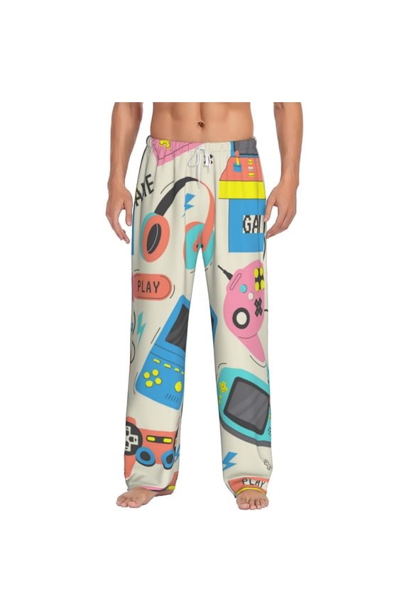 Playing Video Games Print Men's Home Trousers, Elastic Drawstring Home Pajamas Clothing Suitable for Adult Men-3X-Large