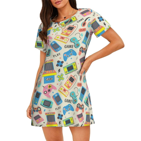 Gukieu Playing Video Games Print Women's Nightgown, A-line Round Neck Short-sleeved Nightgown Pajamas Home Wear Suitable for Home and Outing